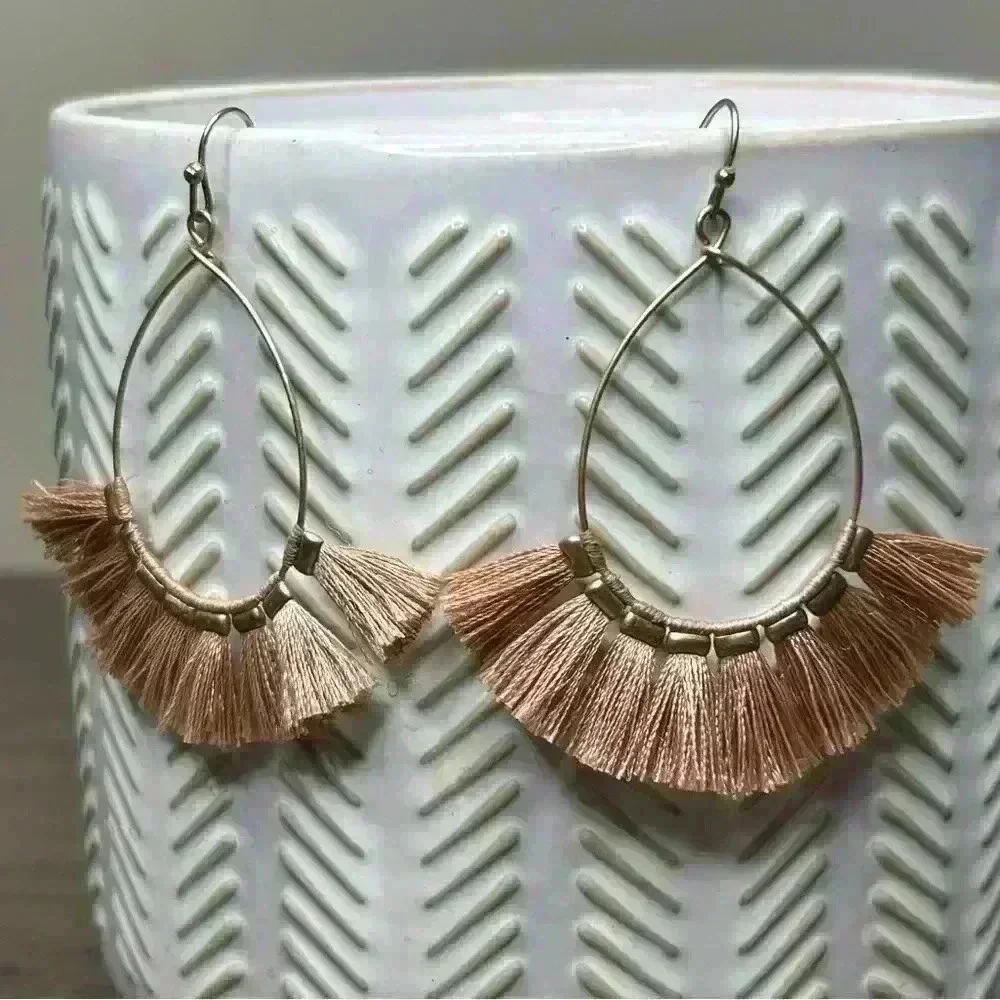 Gold Tone Pale Pink Tassel Earrings